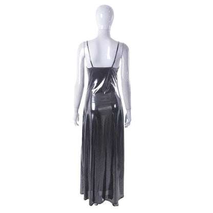 Metallic V Neck Backless Spaghetti Strap Cami Maxi Dress
