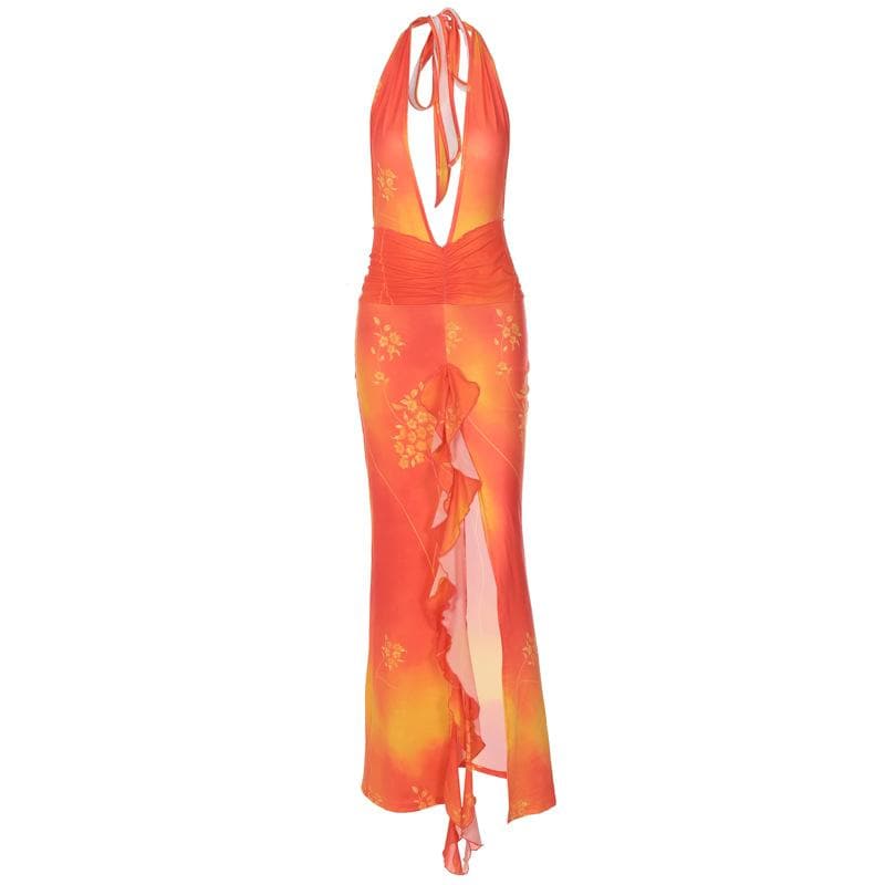 Halter Neck Plunging V Neck Ruched Waist Floral Print Front Slit Maxi Dress