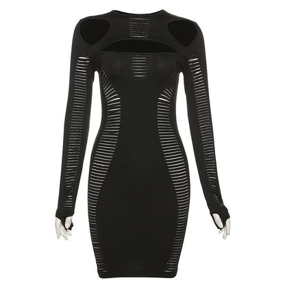 Crew Neck Ladder Cutout Thumbhole Long Sleeve Bodycon Mini Dress