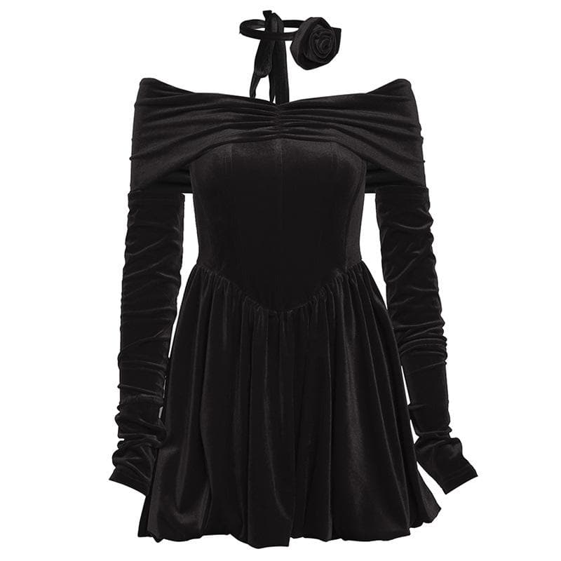 Off Shoulder Ruched Zip Long Sleeve Bubble Hem Mini Dress