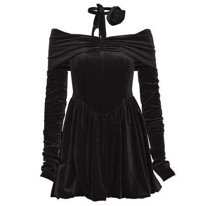 Off Shoulder Ruched Zip Long Sleeve Bubble Hem Mini Dress