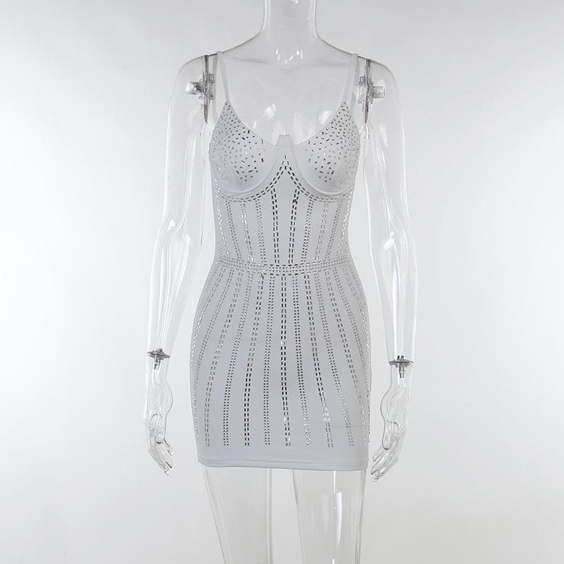 Rhinestone Embellished Sweetheart Neck Spaghetti Strap Corset Line Bodycon Mini Dress