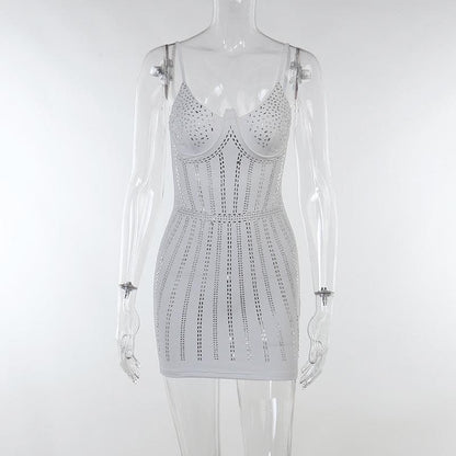 Rhinestone Embellished Sweetheart Neck Spaghetti Strap Corset Line Bodycon Mini Dress