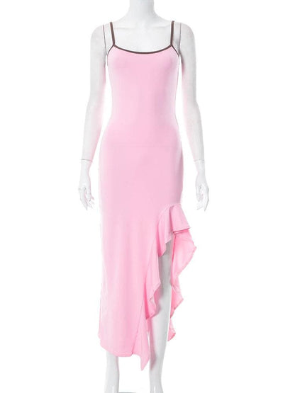 Spaghetti Strap High Slit Ruffle Trim Bodycon Maxi Dress
