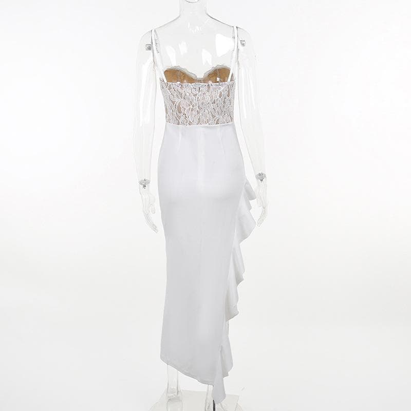 Lace Corset Sweetheart Neck Ruched Ruffle Slit Maxi Dress