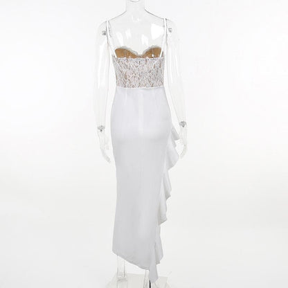 Lace Corset Sweetheart Neck Ruched Ruffle Slit Maxi Dress