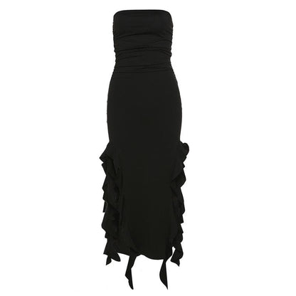 Strapless Ruched Double Slit Ruffle Hem Midi Dress