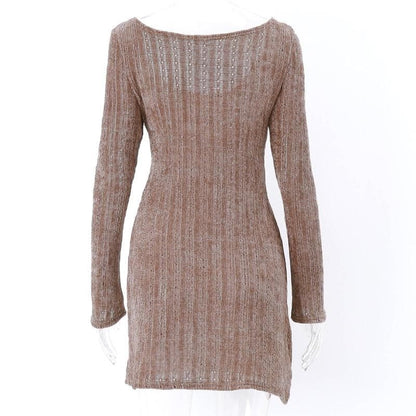 Ribbed Knit Scoop Neck Long Sleeve Bodycon Mini Dress