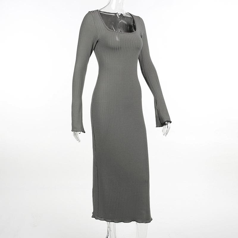 Square Neck Ribbed Knit Flared Sleeve Ruffle Mini Dress