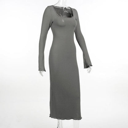 Square Neck Ribbed Knit Flared Sleeve Ruffle Mini Dress