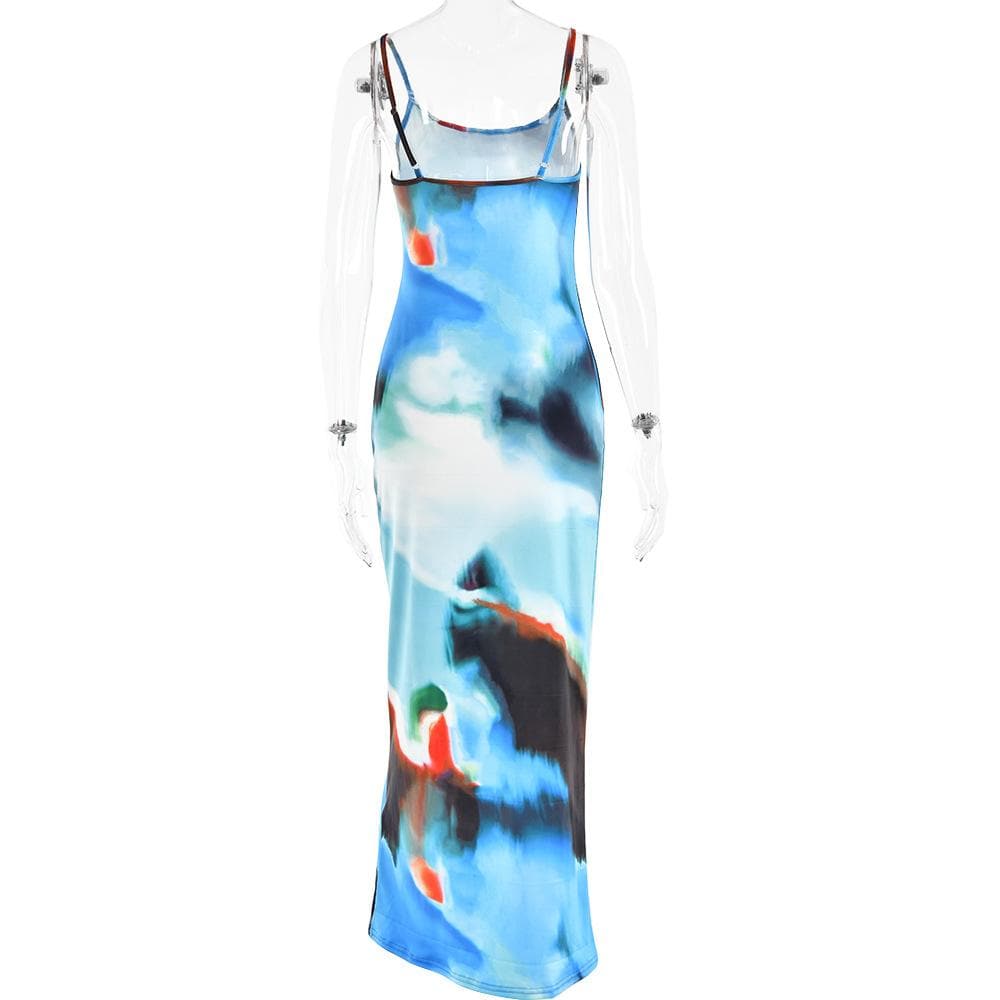Watercolor Abstract Print Scoop Neck Spaghetti Strap Bodycon Maxi Dress