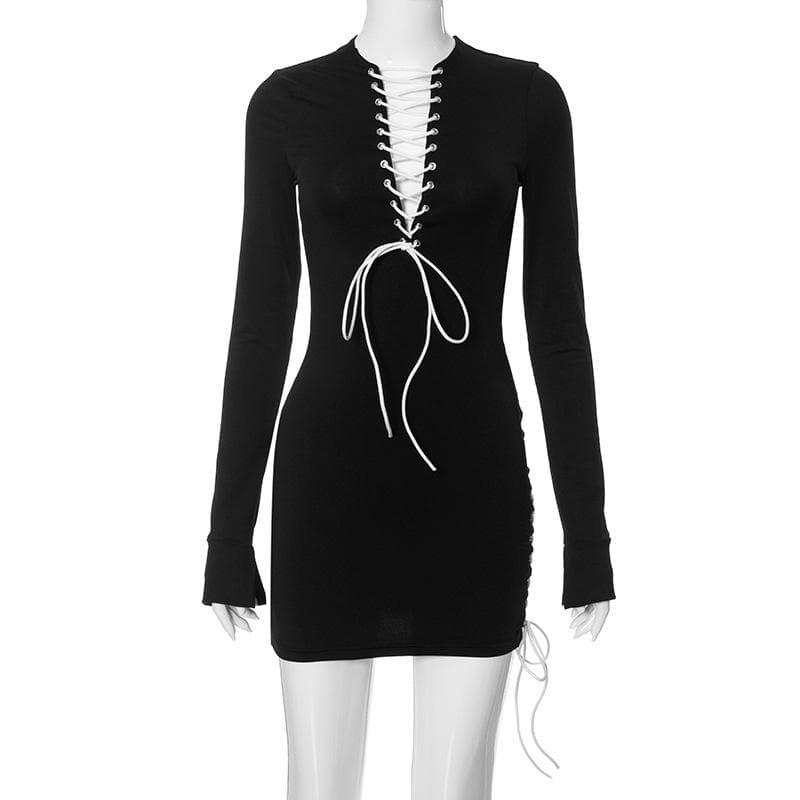 Crew Neck Lace-Up Contrast Panel Long Sleeve Mini Dress
