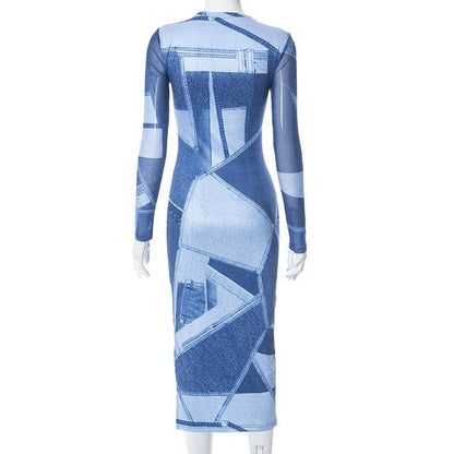 Crew Neck Faux Denim Patchwork Print Long Sleeve Bodycon Midi Dress