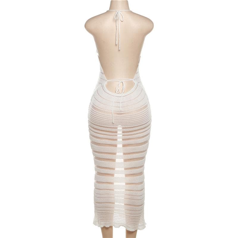 Halter Tie Neck Sheer Stripe Crochet Knit Bodycon Maxi Dress