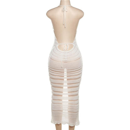 Halter Tie Neck Sheer Stripe Crochet Knit Bodycon Maxi Dress