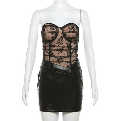 Floral Lace Corset Bustier PU Leather Crossover Pocket Bodycon Mini Dress