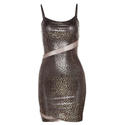 Scoop Neck Spaghetti Strap Metallic Mesh Cutout Mini Dress