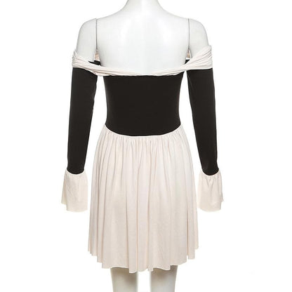 Off Shoulder Sweetheart Ruched Bell Cuff Corset Waist Pleated Mini Dress