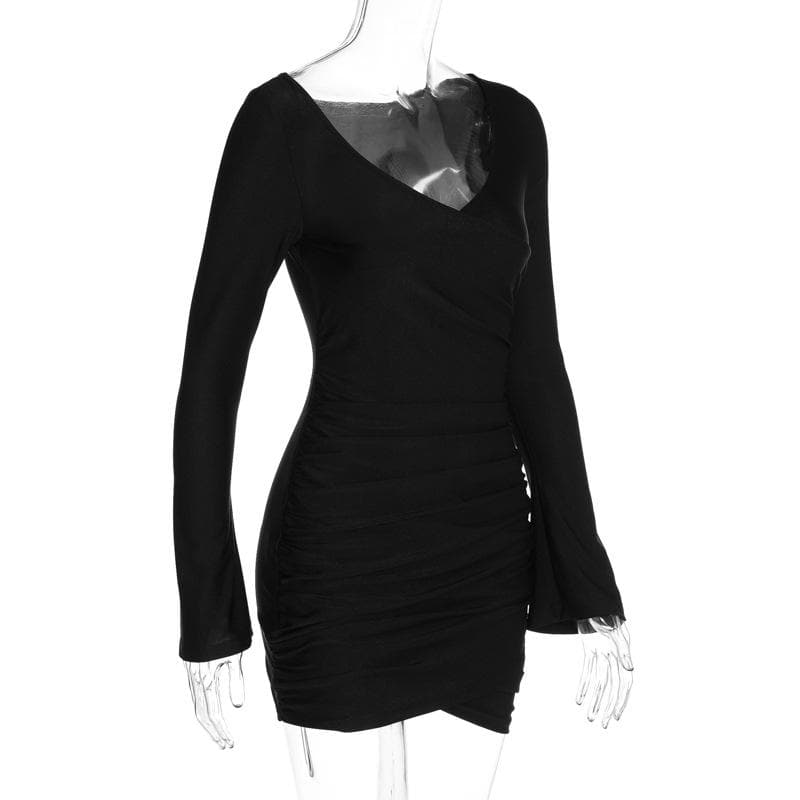 Off Shoulder Cross Front Ruched Long Sleeve Mini Dress