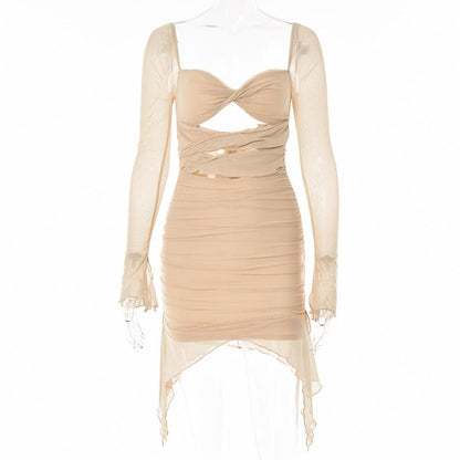 Hollow Out Mesh Bell Sleeve Sweetheart Cutout Ruched Zip Back Mini Dress