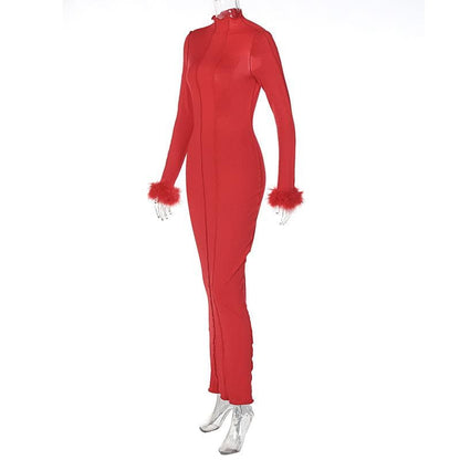 Mock Neck Long Sleeve Feather Cuff Panel Seam Bodycon Midi Dress