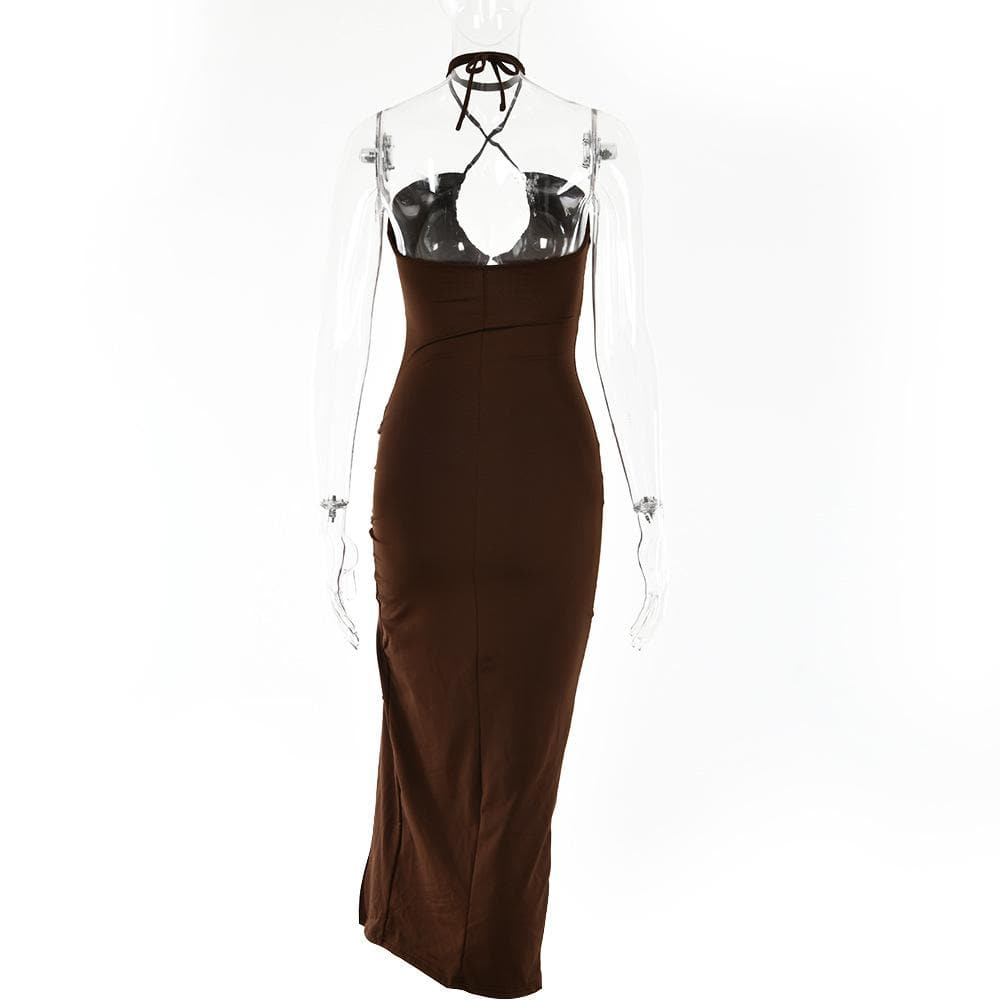 Halter Keyhole Midriff Cutout Drawstring Side Slit Maxi Dress