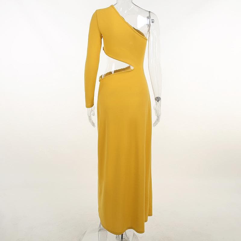 One Shoulder Long Sleeve Braided Trim Waist Cutout Midi Dress