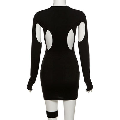 High Neck Shoulder Cutout Waist Cutout Thigh Strap Mini Dress