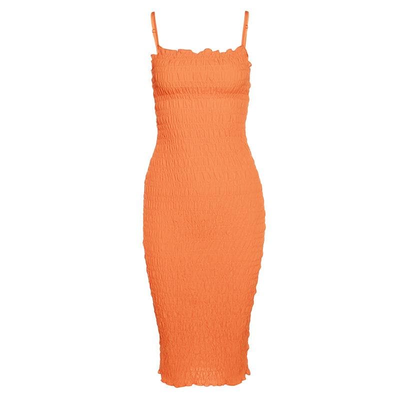 Smocked Spaghetti Strap Square Neck Ruffle Trim Midi Dress