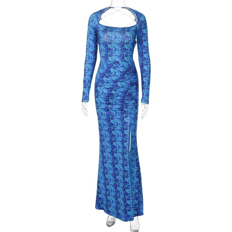 Lace Up Backless Long Sleeve Slit Ruched Print Maxi Dress