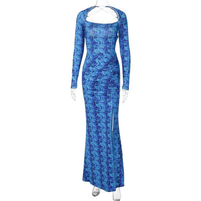 Lace Up Backless Long Sleeve Slit Ruched Print Maxi Dress