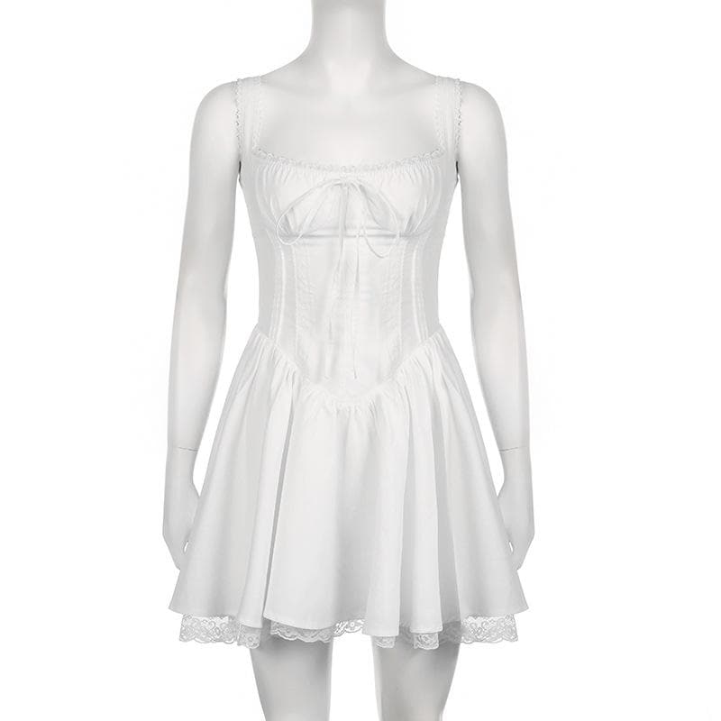 Lace Trim Square Neck Zip Up Ruched Backless Mini Dress