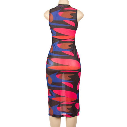 Round Neck Sleeveless Abstract Geometric Print Bodycon Midi Dress