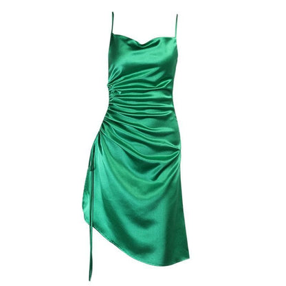 Cowl Neck Spaghetti Strap Side Ruched Drawstring Midi Slip Dress