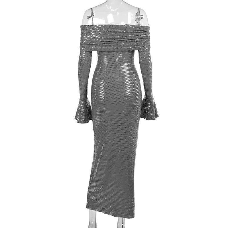 Off Shoulder Shimmer Mesh Long Sleeve Bell Cuff Bodycon Maxi Dress