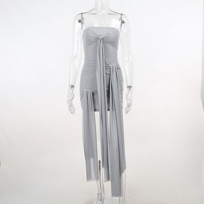Strapless Ruched Self Tie Streamer Overlay Tube Mini Dress