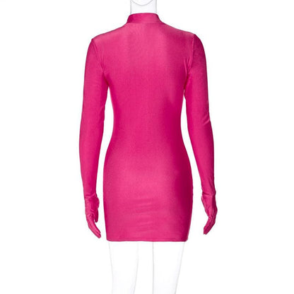 Mock Neck Integrated Glove Sleeve Bodycon Mini Dress
