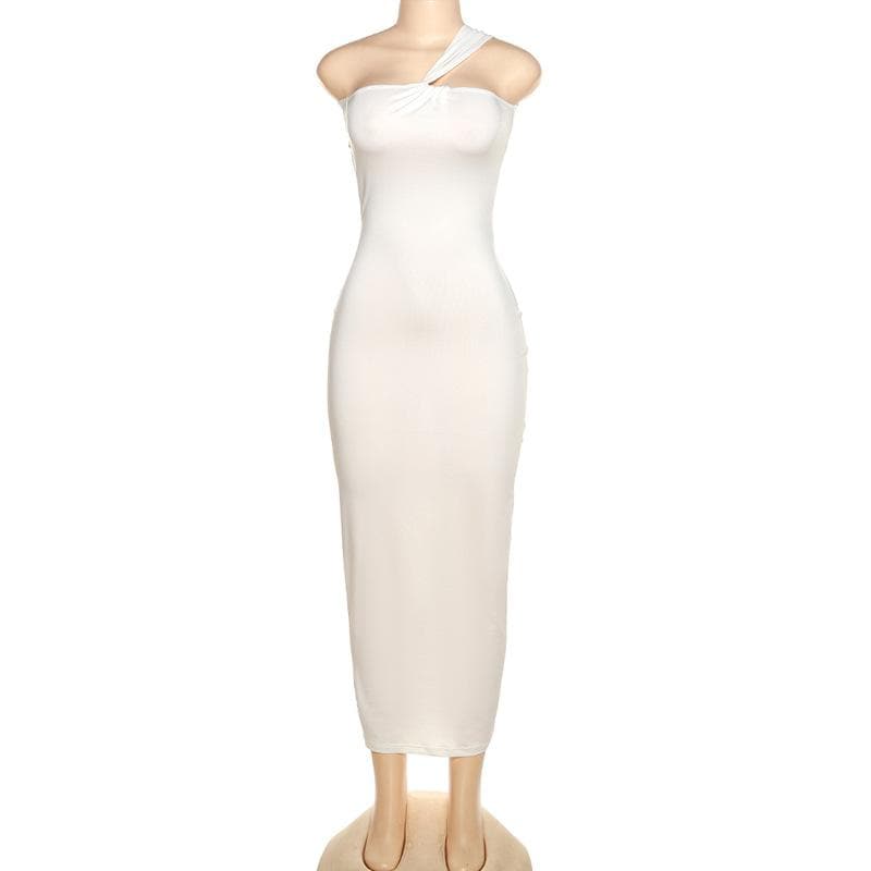 One Shoulder Twisted Knot Strap Ribbed Bodycon Maxi Dress