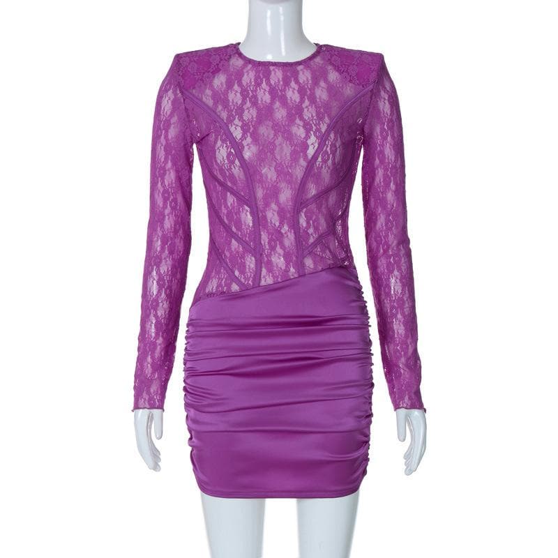 Floral Lace Crew Neck Corset Panel Ruched Satin Bodycon Mini Dress