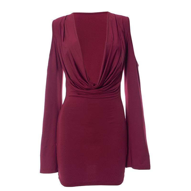 Cowl Neck Cold Shoulder Long Sleeve Bodycon Mini Dress