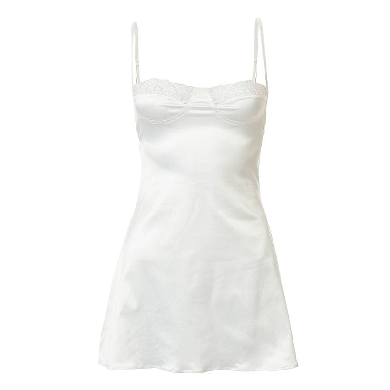 Sweetheart Lace Trim Satin Spaghetti Strap Slip Mini Dress
