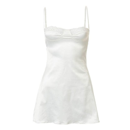 Sweetheart Lace Trim Satin Spaghetti Strap Slip Mini Dress