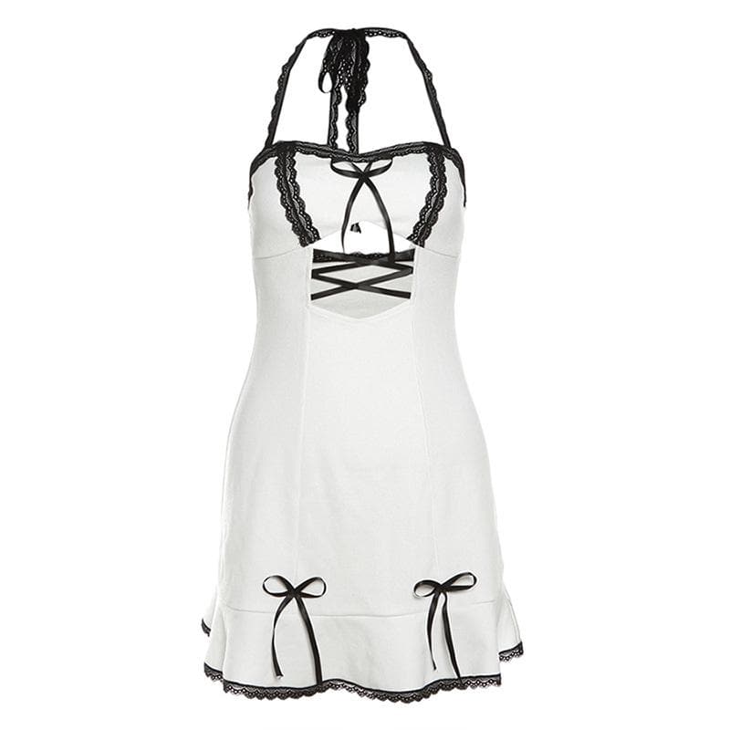Halter Heart Lace Trim Lace Up Bow Ruffle Hem Mini Dress