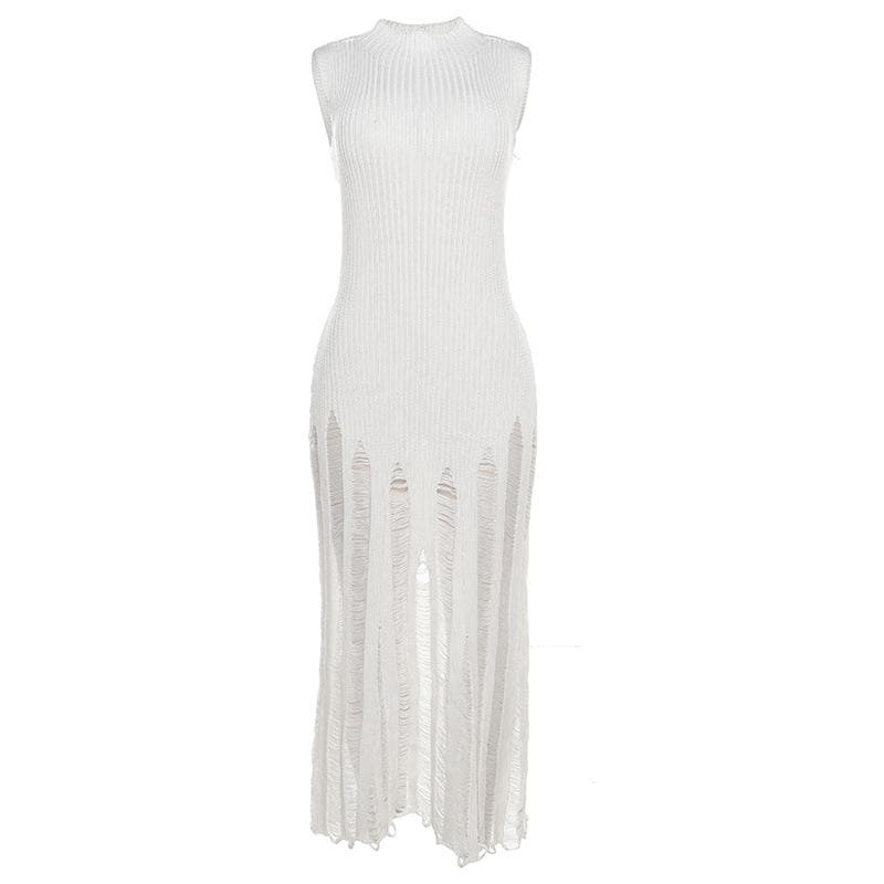Sleeveless Mock Neck Ribbed Knit Distressed Ladder Hem Maxi Dress