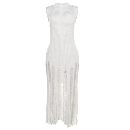 Sleeveless Mock Neck Ribbed Knit Distressed Ladder Hem Maxi Dress
