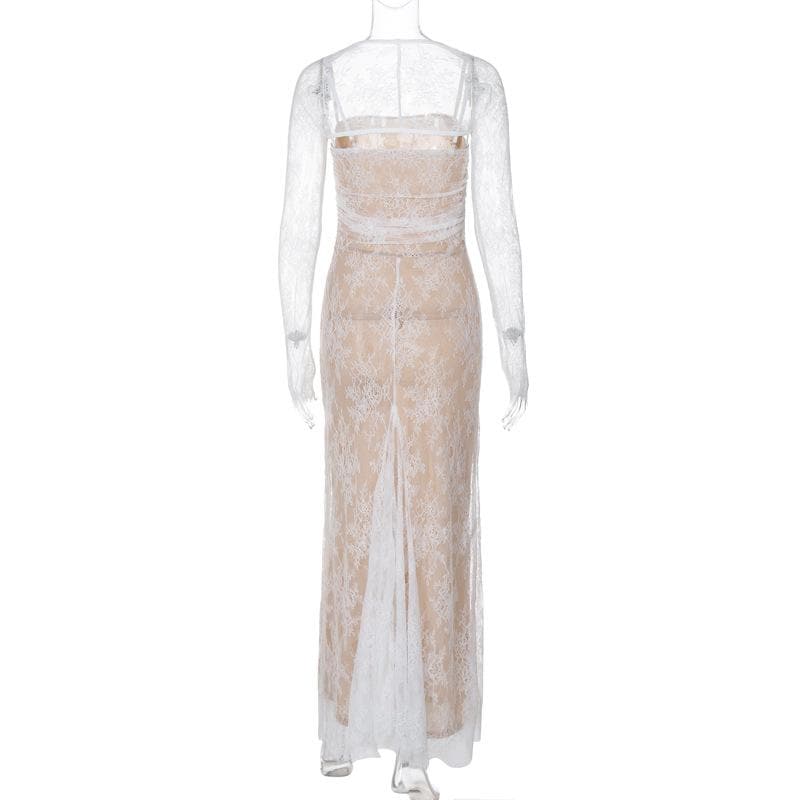 Long Sleeve Lace Zip Up Ruched Shrug Cami Maxi Dress