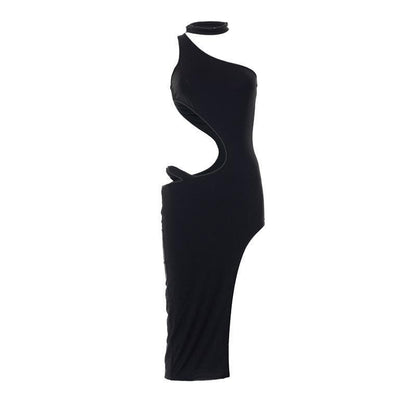 One Shoulder Choker Neck Waist Cutout Asymmetric Hem Mini Dress