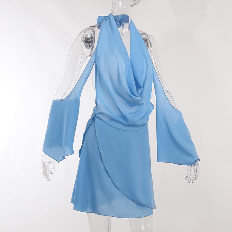 Off Shoulder Halter Cowl Neck Draped Cape Sleeve Mini Dress