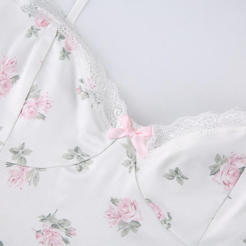 Spaghetti Strap Floral Print Lace Trim Sweetheart Slip Mini Dress
