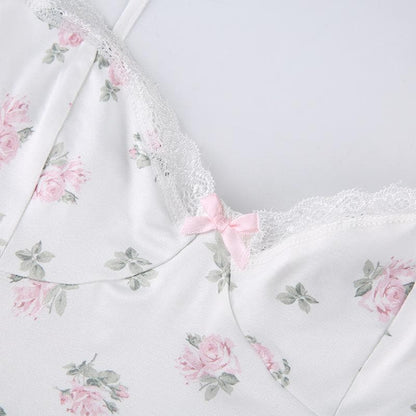 Spaghetti Strap Floral Print Lace Trim Sweetheart Slip Mini Dress
